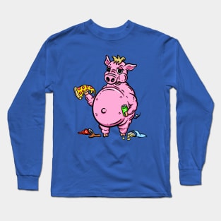 Fat Pig eating Pizza Crisps and Junk Food Logo Mascot Cartoon Long Sleeve T-Shirt